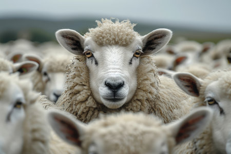 Sheep in the herd with his head raisedの素材