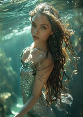 Portrait of a beautiful mermaid underwater. Vertical orientationの素材