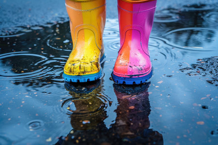 Child wearing bright rain boots in a puddleの素材