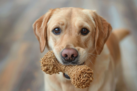 Funny dog with a toy ball in his mouthの素材