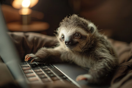 Slow sloth working on computer, deadline conceptの素材