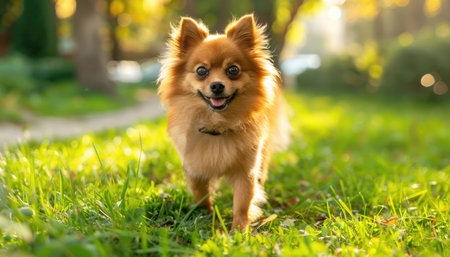 Young spitz dog walking in the park on the lawnの素材
