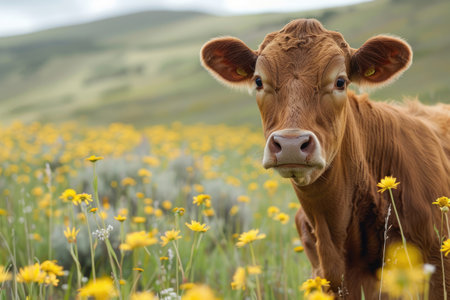 cow in summer green fieldの素材