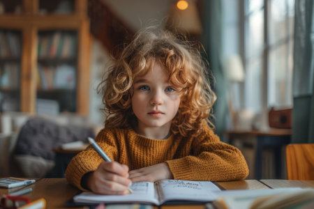 Schoolgirl at desk at home doing homeworkの素材