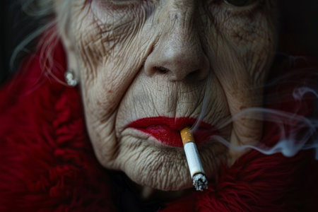Old senior woman smoking a cigaretteの素材