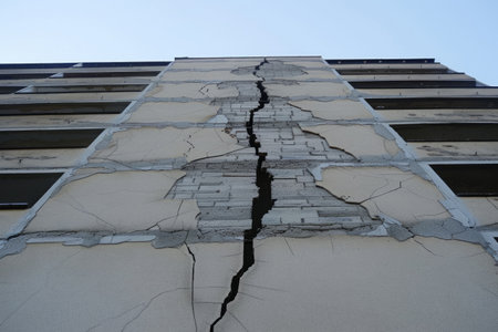 A crack in the wall of a multi-story building due to soil subsidence or poor-quality foundationの素材