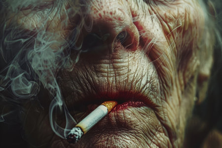 Old senior woman smoking a cigaretteの素材
