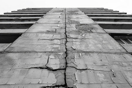 A crack in the wall of a multi-story building due to soil subsidence or poor-quality foundationの素材