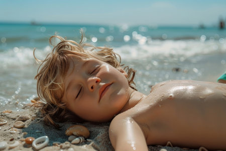 Child lying on a sandy beach and sunbathe in the sunの素材