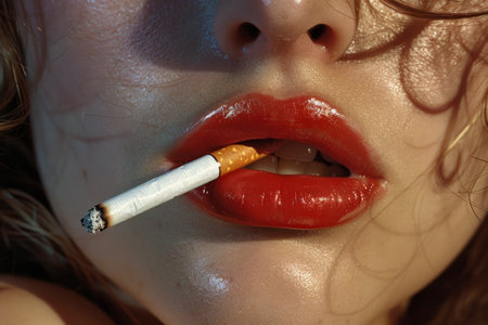 Woman's mouth with lipstick with cigaretteの素材