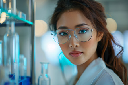 Woman Laboratory assistant conducts experiments in the laboratoryの素材