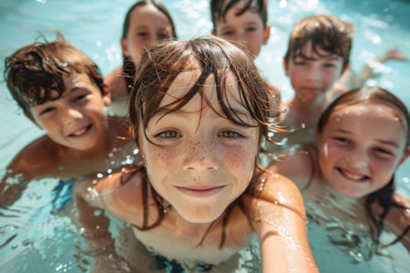 Selfie of children swimming on vacation in the poolの素材