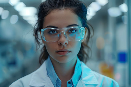 Laboratory assistant woman in safety glasses conducts research in the laboratoryの素材