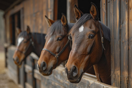 Horses looking out of the stableの素材