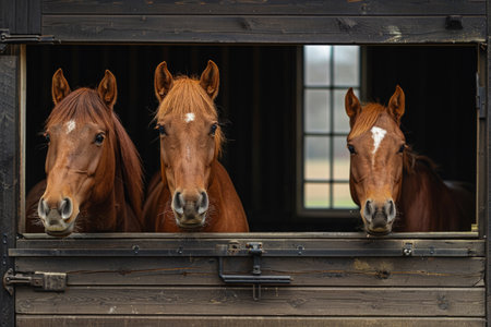 Brown horses in the stableの素材