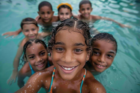 Happy children taking selfie in swimming poolの素材