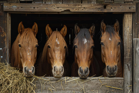 Funny horses in a stable on a farmの素材
