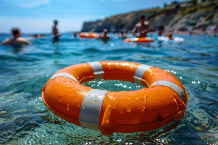 Lifebuoy swims on the resort sea beachの素材