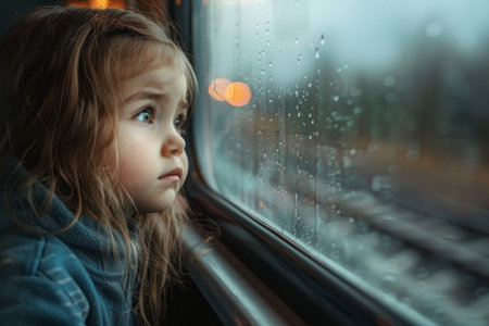 Sad child looking out the train window. Copy space for textの素材
