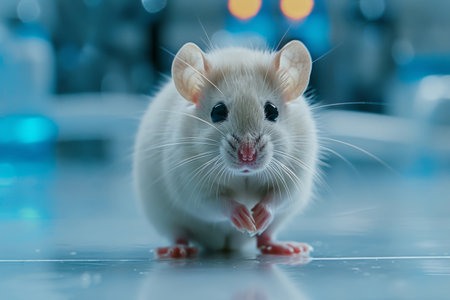 White mouse on a table in a bio laboratoryの素材