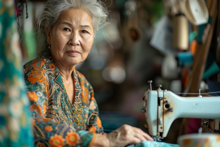 Woman working on a sewing machineの素材
