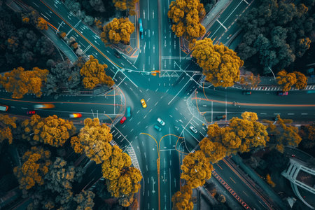 Aerial bird's eye automobile intersectionの素材