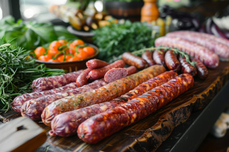 Counter with different sausages in a storeの素材
