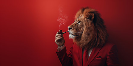 Profile view of a business lion in a suit smoking a pipe on a red background. Copy space for textの素材
