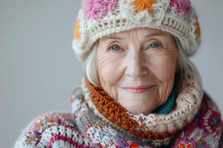 senior woman grandmother in knitted clothes with Irish laceの素材