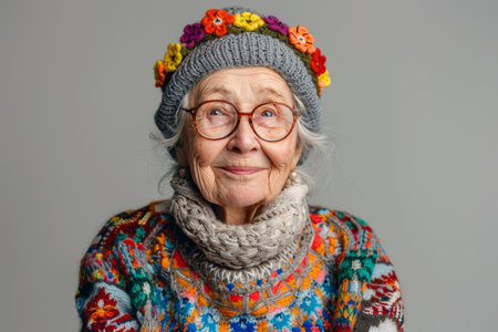 cheerful senior woman in knitted clothes with Irish laceの素材