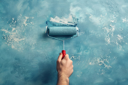 Roller brush paints the wall blueの素材