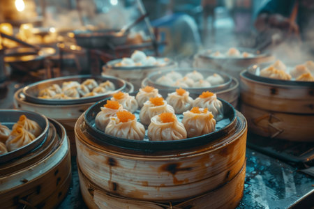 Chinese dim sum in bamboo steamerの素材