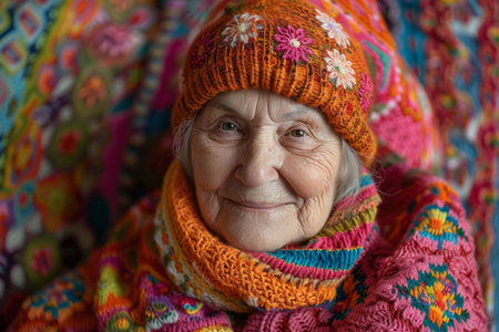 senior woman grandmother in knitted clothes with Irish laceの素材