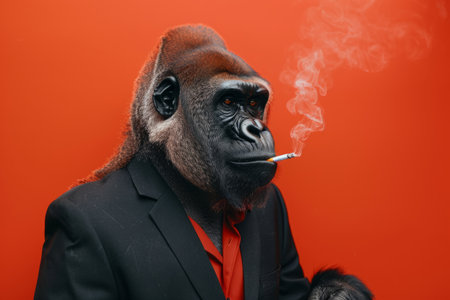 Gorilla boss in a business suit smokes a cigarette on a red backgroundの素材