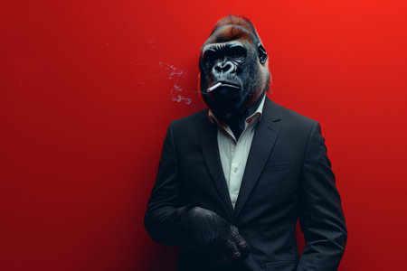Gorilla boss in a business suit smokes a cigarette on a red backgroundの素材