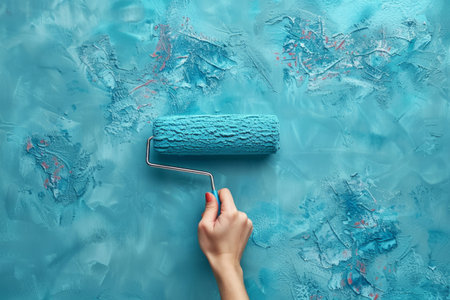 Roller brush paints the wall blueの素材