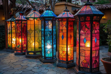 Row of burning colorful glass lanternの素材