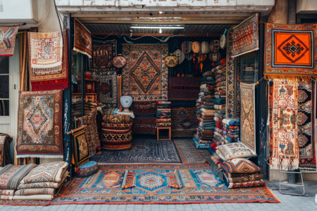 Selling colored carpets at the market, bazaarの素材