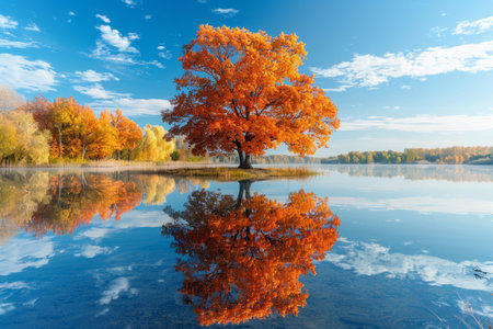 Autumn orange tree against blue sky with reflection in waterの素材