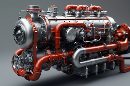 Powerful internal combustion engine against gray backgroundの素材
