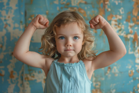 Child showing biceps muscles, concept of strength and energyの素材