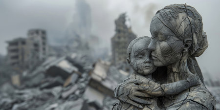 Monument to mother and her child near the ruins of the city after the warの素材
