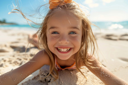 Selfie of a little girl on the seashoreの素材