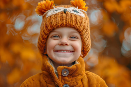 Child in a homemade knitted owl hat on an autumn streetの素材