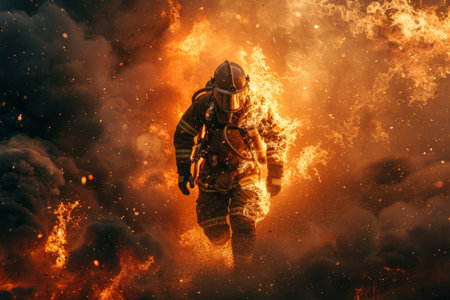 Firefighter in flames fighting with fireの素材