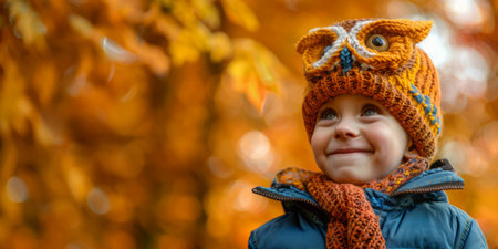 Child in a homemade knitted owl hat on an autumn streetの素材