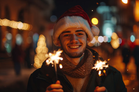 Man with sparklers waiting for New Year or Christmasの素材