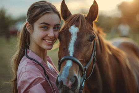 Woman doctor veterinarian examining horseの素材