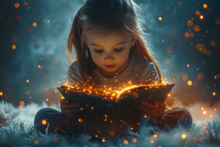 Cute little girl reading glowing bookの素材