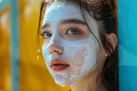 Young woman with facial cosmetics mask for skin careの素材
